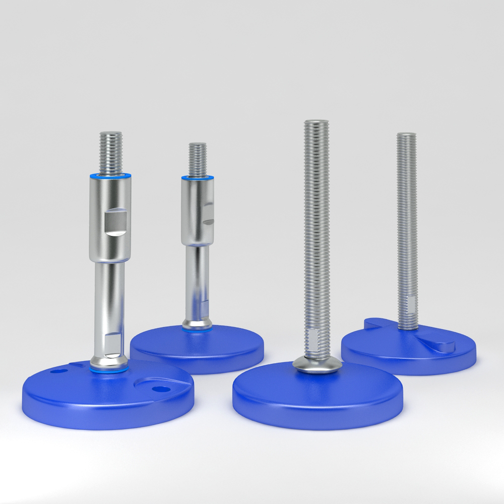 Adjustable machine leveling feet with blue composite solid base plate in certified hygienic design